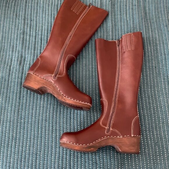 NEW Maguba Clog Boots Brown Leather Embroidered Size 38 Zipper Tall Boots $250 - Picture 2 of 15